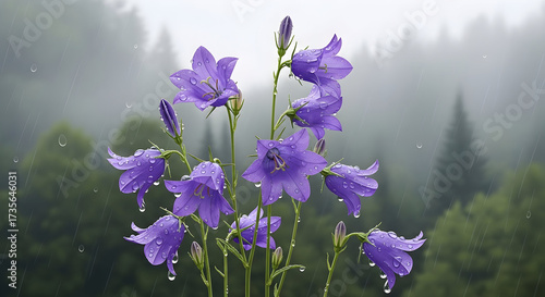 Gentle rainfall and enchanting purple campanula flowers in a misty forest ambiance