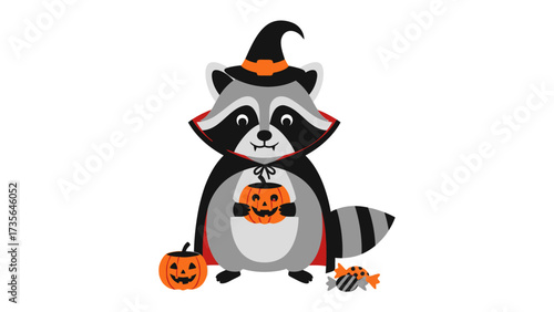 Halloween Raccoon: A charming cartoon raccoon donned in a witch hat and cape, clutching a carved pumpkin, with candies nearby. The illustration radiates a delightful ambiance