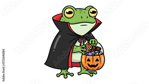 Halloween Frog: A whimsical illustration of a charming frog, adorned in a vampire cloak and a jack-o'-lantern candy basket.