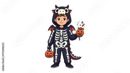Costumed Child Ready for Halloween: A young child, adorned in a whimsical dragon skeleton costume, cheerfully clutches a pumpkin bucket ready to revel in the festivities.