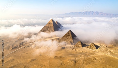 Egyptian pyramids peak through clouds