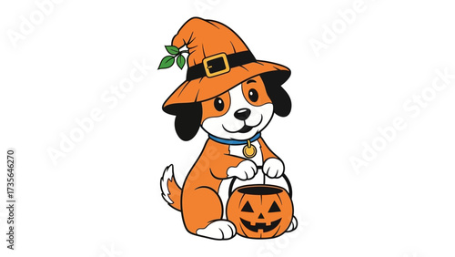 Halloween puppy illustration: A delightful illustration showcases a charming puppy dressed for Halloween, sporting an orange witch's hat and holding a pumpkin bucket, radiating spooky, cute vibes.