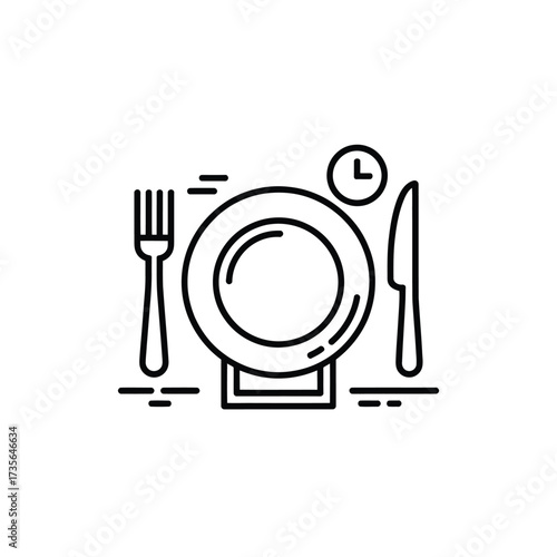 Simple line art icon of a place setting with a clock