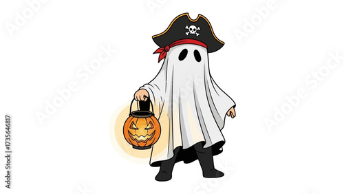 Ghost Pirate's Spooky Delight: A playful illustration showcases a ghost donning a pirate hat, holding a jack-o'-lantern, and ready for Halloween fun. It is ideal for Halloween-themed decorations.