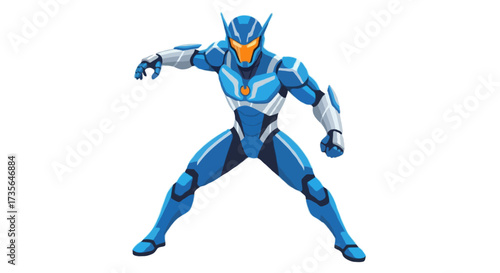 A flat vector illustration of a faceless futuristic superhero wearing a sleek full-body armor suit with a helmet and glowing visor