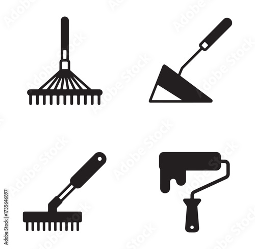 Black and white silhouettes of gardening tools including rake hoe trowel and paint roller