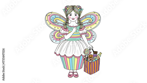 Enchanting Fairy in Wonderland: An illustration of a fairy girl with magical wings and basket of treats with a big smile, radiating the aura of wonder and enchantment