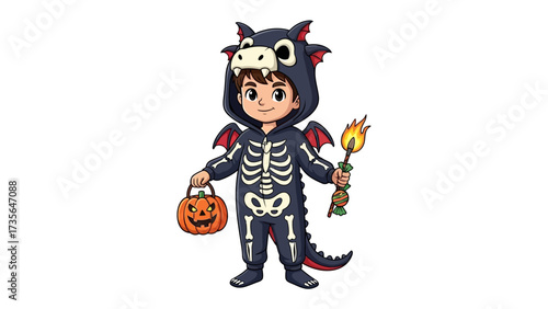 Whimsical Halloween: A young child, dressed in a vibrant dragon and skeleton costume, joyfully clutches a carved pumpkin pail while brandishing a torch in hand.