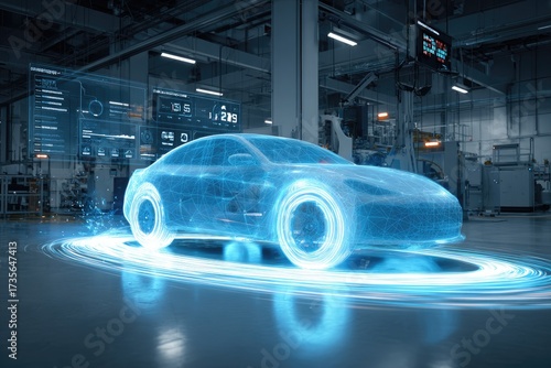 A futuristic holographic vehicle is overlaid in a factory setting with interactive digital displays