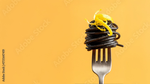 Minimalist close-up of a fork twirling black squid ink spaghetti, garnished with lemon zest, against a bright yellow background. 