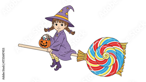 Whimsical Witch on Sweet Broom: A young girl, dressed as a witch, playfully soars through the air on a broom adorned with a whimsical candy lollipop, celebrating the magic of Halloween