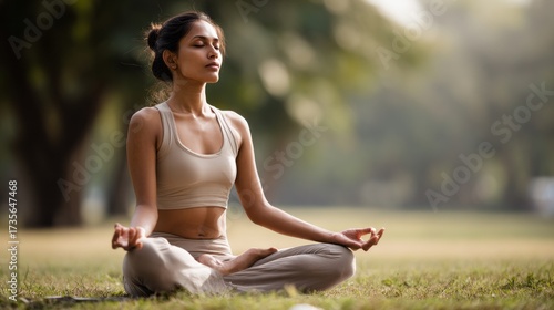 Wallpaper Mural Young Indian woman practicing meditation in a tranquil park during early morning light for mindfulness and relaxation Torontodigital.ca