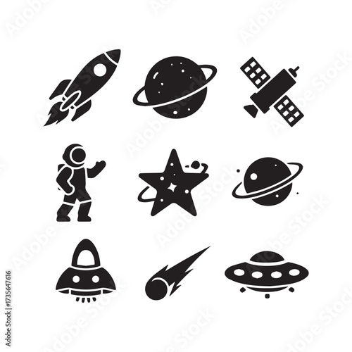  Silhouette Vector Collection of Space Icons in Circular White Design. 