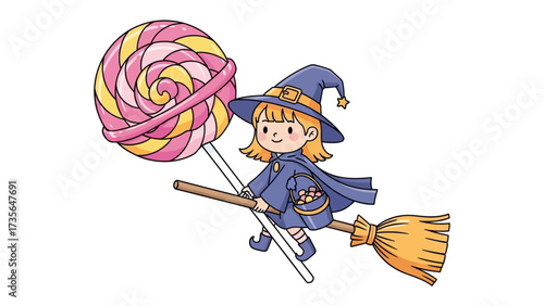 Witch with Candy: A cute illustration captures a whimsical witch soaring on a broom, holding a giant, colorful lollipop.