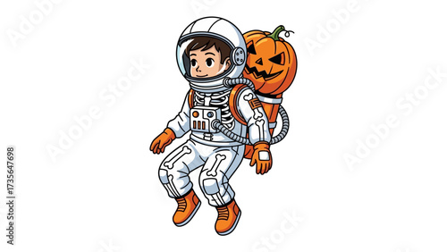 Cosmic Halloween Astronaut: A charming cartoon astronaut, equipped with a carved pumpkin backpack, ready for an out-of-this-world Halloween celebration. 