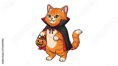 Halloween Cat in Costume: An adorable ginger cat, dressed in a spooky vampire cloak, happily holds a jack-o'-lantern treat basket.