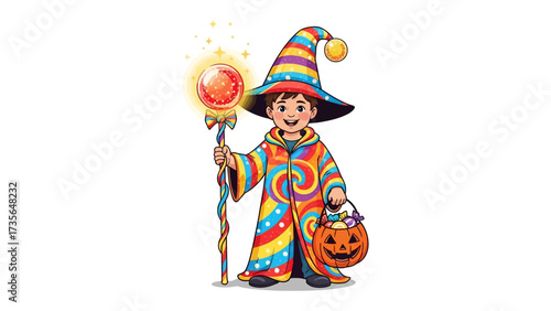 Wizardly Wonder: A joyful illustration of a young wizard with a whimsical robe and hat, brandishing a glowing orb staff and carrying a pumpkin treat bag.