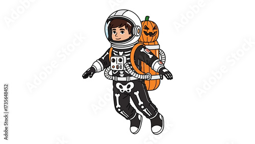 Spooky Astronaut: An astronaut, costumed in a skeleton suit, is accompanied by a pumpkin on a mission that combines the wonder of space with Halloween's spirit.