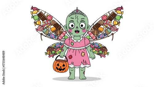 Spooky Halloween Fairy: An adorable and whimsical fairy-zombie hybrid, complete with candy-adorned wings, embodies the playful spirit of Halloween.