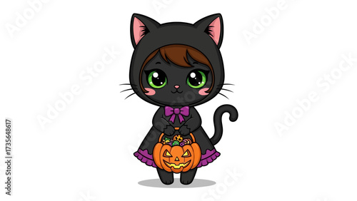 Cute Halloween Cat Girl with Pumpkin: A charming illustration of a little girl dressed as a cute black cat, with a jack-o'-lantern candy basket, celebrating Halloween, perfect for children's theme.