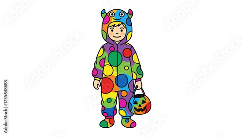 Child in Colorful Costume: An adorable child dons a vibrant polka-dot costume and a Halloween bag, embodying the playful spirit of childhood and the joy of festive celebrations.