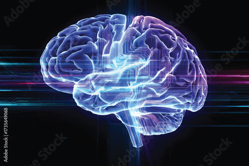 Transparent human brain with glowing blue circuit board patterns and light streaks vector