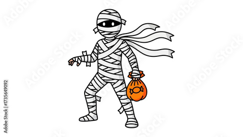 Halloween Mummy with Candy: A playful and quirky mummy character, wrapped in bandages, joyfully clutches a bag of candies. Its expressive design embodies the festive spirit.