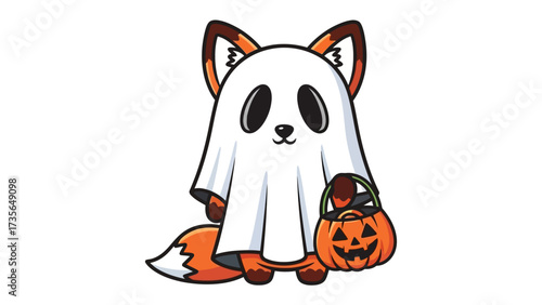 Halloween Fox: A cute fox dressed as a ghost with a pumpkin bucket. This cartoon illustration captures the spirit of Halloween, bringing an element of delight to the scene. 