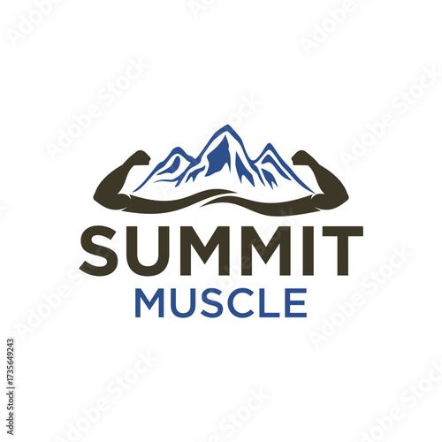 Modern Geometric Summit Muscle Logo Design with Mountain and Arm Silhouette