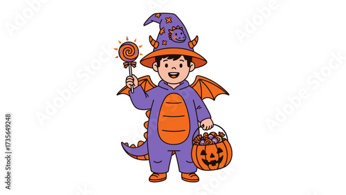 The Halloween Dragon: A young child gleams in a vivid dragon costume, joyfully embracing the festive spirit of Halloween. The child carries a candy-filled pumpkin basket.