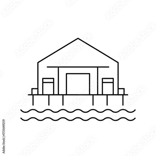 Simple line drawing of a house on stilts over water