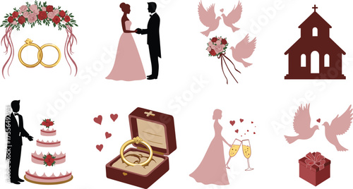 Wedding icons, romantic symbols, bride and groom, floral arch, doves, church, ring box, champagne, ccelebration, love, marriage, ceremony, gift, romance, vows, unity, couple, wedding day, happiness