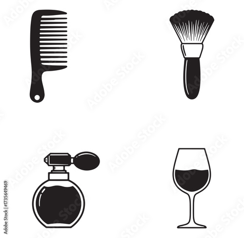 Black and white vector illustrations of everyday objects like comb makeup perfume and wine glass
