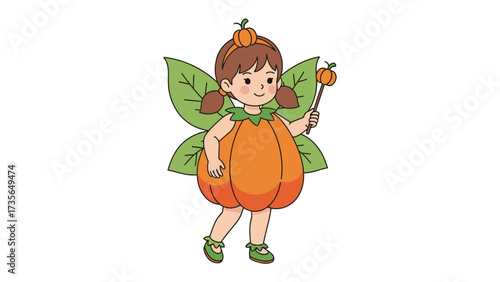 Enchanting Pumpkin Fairy: A charming illustration of a fairy adorned in a pumpkin-themed costume. She exudes an inviting smile as she holds a magic wand with a tiny pumpkin.