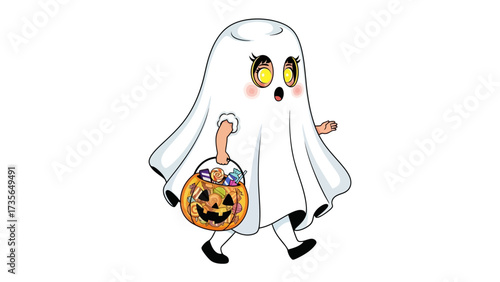 Cute Ghost Going Trick-or-Treating: A whimsical ghost figure, draped in a friendly sheet, joyfully walks, holding a carved pumpkin basket filled with candies on a backdrop of cartoonish charm.