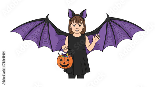 Spooky Bat Costume: A cheerful child donned in a creative bat costume, holding a pumpkin bucket in anticipation of Halloween night. An illustration.