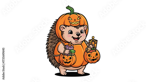 Happy Hedgehog in Halloween costume: A charming illustration of a hedgehog dressed up in a pumpkin-themed costume ready to enjoy Halloween with a trick-or-treat bag full of candy and a jack o lantern.