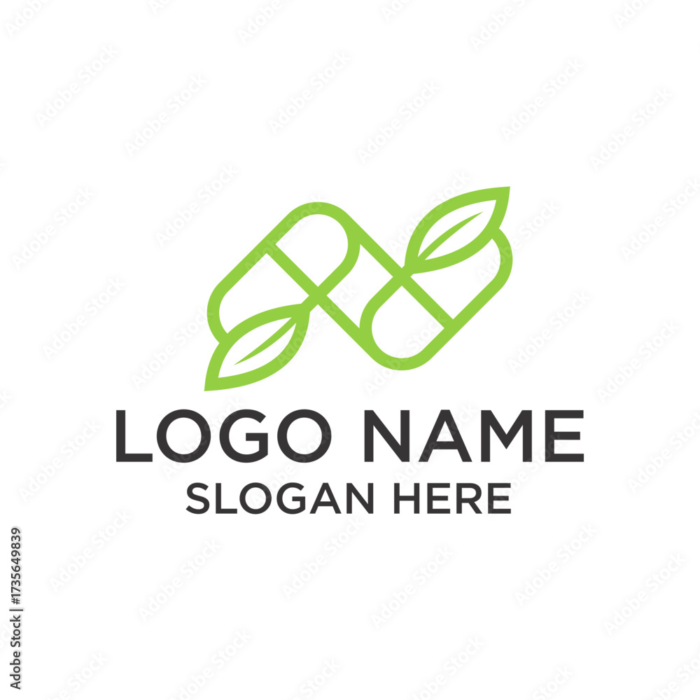 Fototapeta premium Minimalist Line Art Pill Capsule with Leaf Element Healthcare Logo