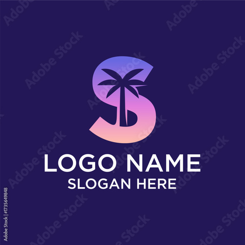 Gradient Style Letter S Initial Palm Tree Island Logo Design