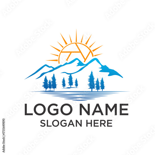 Minimalist Flat Design Mountain Landscape With Sunrise Decorative Logo Illustration