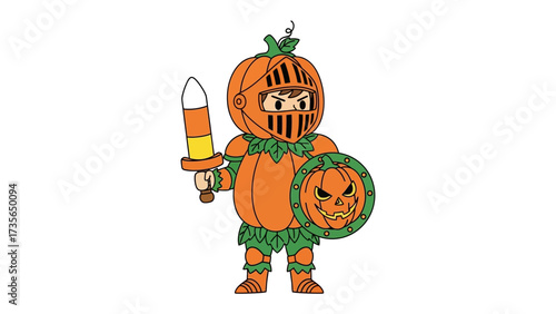 Halloween Pumpkin Knight: A cartoonish knight with a pumpkin head, poised to defend Halloween with his candy corn sword and shield, creating a playful embodiment of the holiday's spirit.