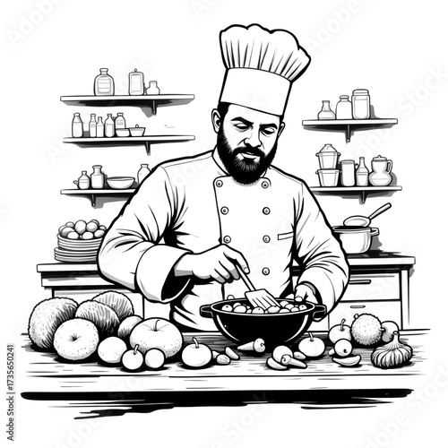 Culinary Craft: A focused culinary artisan in a crisp uniform delicately prepares a gourmet dish in a professional kitchen environment, the scene exudes freshness and culinary expertise.