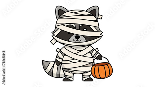 Halloween Raccoon Mummy with Pumpkin: A cartoon raccoon dressed as a mummy, eyes mischievous and holding a pumpkin, a playful embodiment of the spooky season