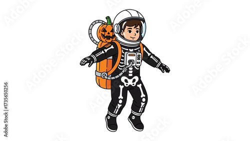 Cosmic Costume: A young boy dressed in a creative astronaut costume, complete with a skeletal bodysuit and a playful pumpkin backpack.