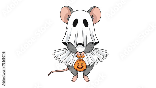 Halloween Mouse in Costume: A cute cartoon mouse dressed up in a ghost costume, holding a pumpkin-shaped treat bag, all against a clean canvas, perfect for celebrating Halloween.