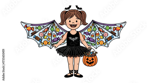 Halloween Ballet Costume: A joyful young girl, dressed as a delightful ballet dancer with bat-inspired wings, happily holds a pumpkin-shaped candy basket, ready for Halloween trick-or-treating.