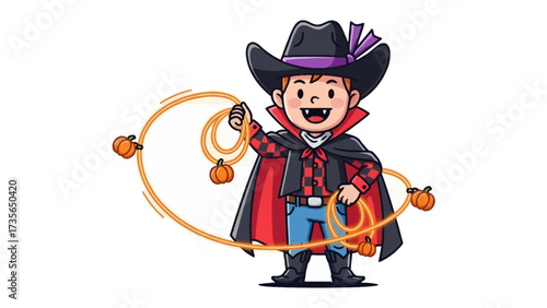 Cowboy Vampire at Halloween: A cartoon cowboy vampire figure joyfully twirls a lasso adorned with miniature pumpkins in anticipation of Halloween.