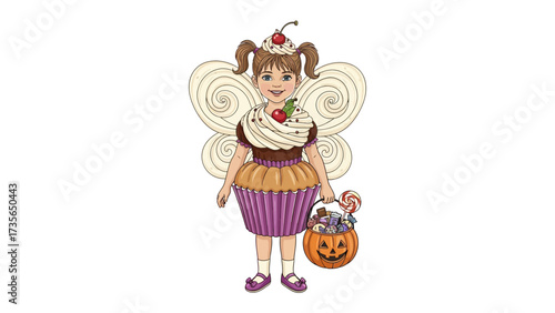 Sweet Treat Fairytale: A whimsical illustration of a young girl dressed in a delightful cupcake fairy costume, poised with a Halloween pumpkin basket overflowing with candies and treats.
