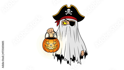 Halloween Pirate Ghost: A ghostly pirate, bearing a jack-o'-lantern, embodying the spirit of Halloween with a whimsical touch. 