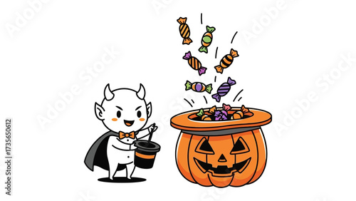 Spooky Sweet Tooth's Bounty: A spirited imp, with a mischievous glint in their eyes, joyfully gathers candies into a pumpkin pail. Overflowing with treats.